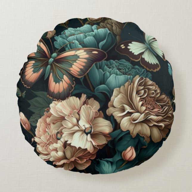 Coussins Ronds Papillons et fleurs design classique foncé (Devant)