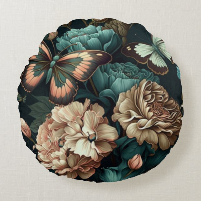 Coussins Ronds Papillons et fleurs design classique foncé (Devant)