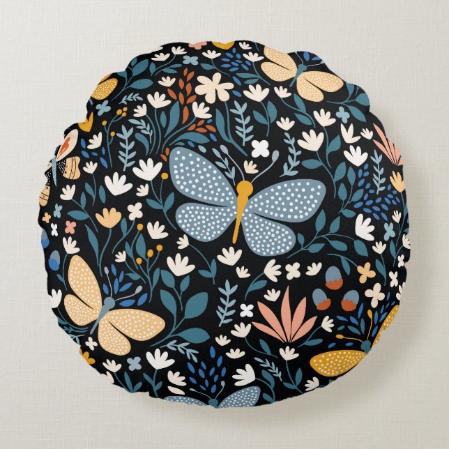 Coussins Ronds Papillons Floral : Main Tirée Sans Couture. (Devant)