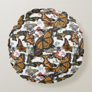 Coussins Ronds Papillons Monarques & Motif Botanique Floral
