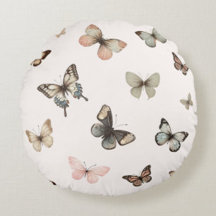 Coussins Ronds Papillons Neutres Mignons, Tons Muets Rose Pâle