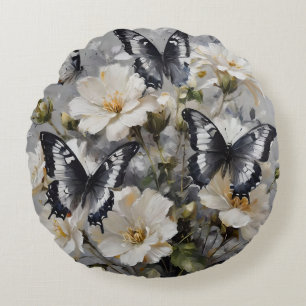 Coussins Ronds Papillons Noir Et Blanc Sur Fleurs Blanches,