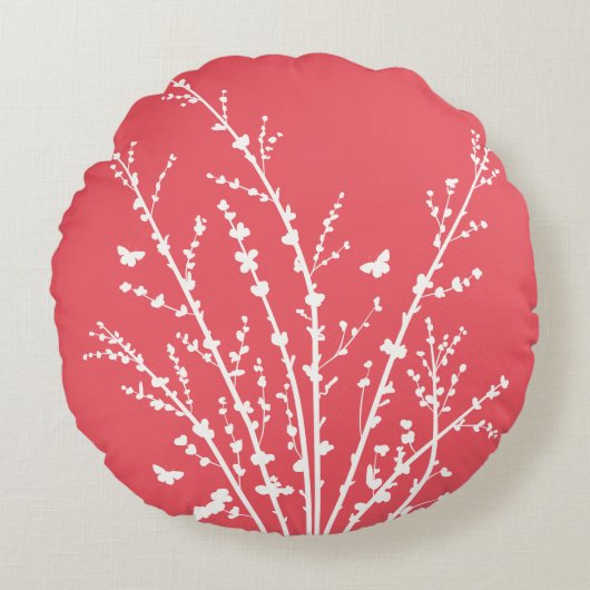 Coussins Ronds Papillons rose Carmine Branches botaniques moderne (Devant)