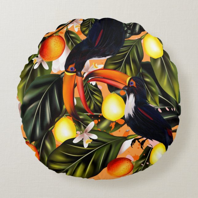 Coussins Ronds Paradis tropical. Toucans et agrume (Devant)