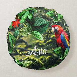 Coussins Ronds Parrot écarlate macaw dans la jungle avec des fleu