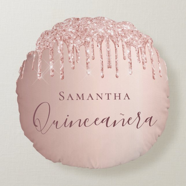 Coussins Ronds Parties scintillant en or rose Quinceanera gouttes (Devant)