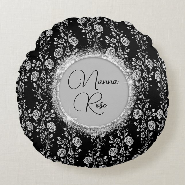 Coussins Ronds Parties scintillant florale chic argent sur noir (Devant)