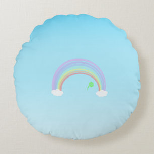 Coussins Ronds Pastel Arc-en-ciel et fleur verte sur le ciel bleu