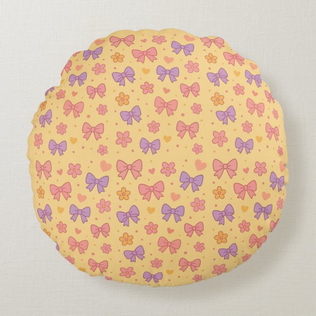 Coussins Ronds Pastel Bows & Flowers Pattern – Cute Yellow Girly  (Devant)