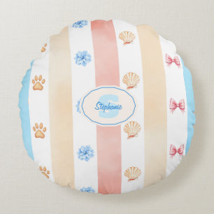 Coussins Ronds Pastel Stripe - Empreintes de pattes, Fleur Bleue,