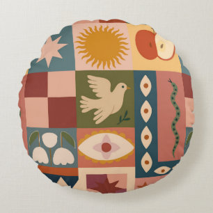 Coussins Ronds Patchwork céleste bohémien avec symboles mystiques