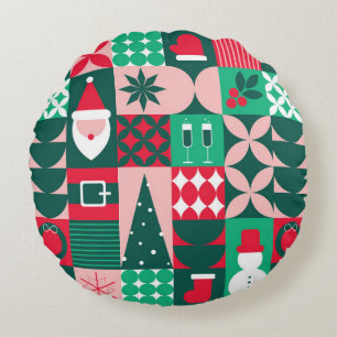 Coussins Ronds Patchwork de Noël Bauhaus Rouge Vert Rétro
