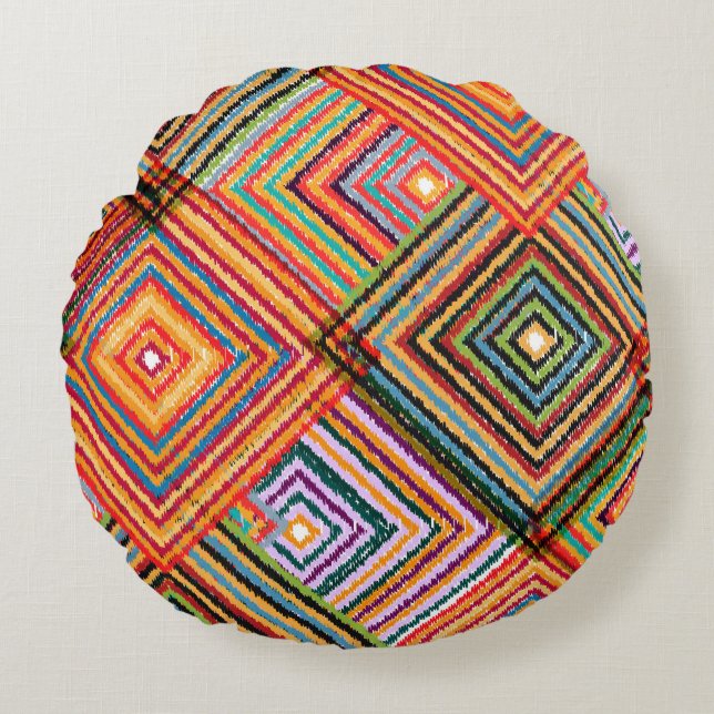 Coussins Ronds Patchwork Design avec Carrés aztèques. (Devant)