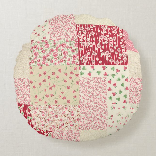 Coussins Ronds Patchwork Floral : Ornements dessinés à la main. (Devant)