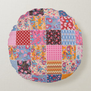 Coussins Ronds Patchwork sans couture, motif en tissu mignon.