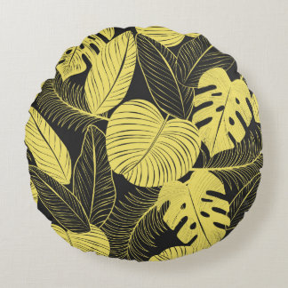 Coussins Ronds Patte Tropicale Noir Jaune Deux Tons