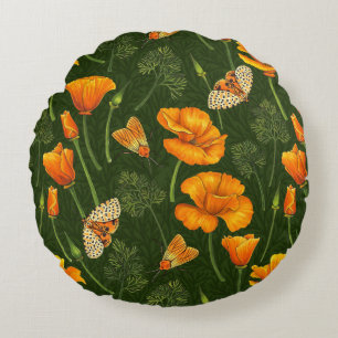 Coussins Ronds Pavot de Californie et papillons de nuit sur vert