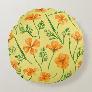 Coussins Ronds Pavot de Californie, fleurs d'été, orange wil