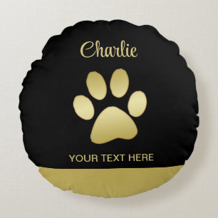 Coussins Ronds Paw chien brillant or sur arrière - plan noir