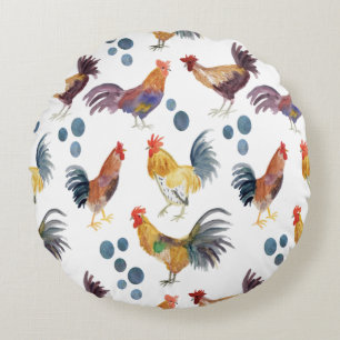 Coussins Ronds Pays de motif de poulets d'aquarelle