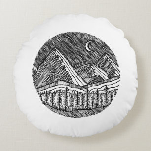 Coussins Ronds Paysage alpin rond dessiné à l'encre noire et blan