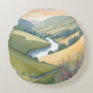Coussins Ronds Paysage de collines ondoyantes   Aquarelle Belle