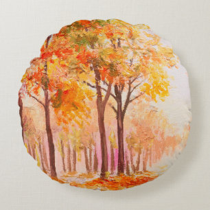 Coussins Ronds Paysage de peinture à l'huile - forêt d'automne co