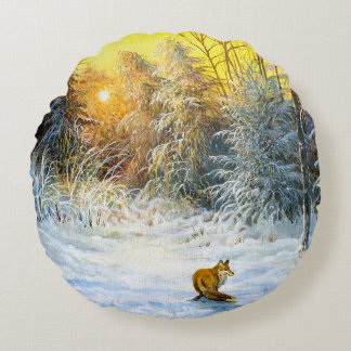 Coussins Ronds Paysage hivernal avec renard en déclin