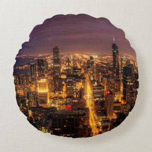 Coussins Ronds Paysage urbain de nuit de Chicago
