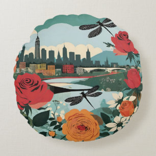 Coussins Ronds Paysage urbain en patchwork avec roses et libellul