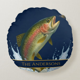 Coussins Ronds Pêche à la mouche aquarelle truite poisson marine 