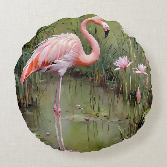 Coussins Ronds Peinture À L'Huile De Flamant rose Et De Roseaux, (Dos)
