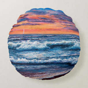 Coussins Ronds peinture à l'huile d'Océan et plage sur toile. g
