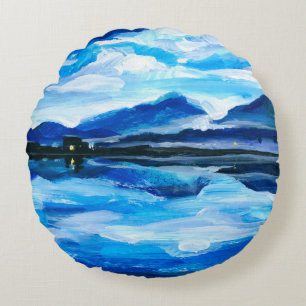 Coussins Ronds Peinture à l'huile du crépuscule sur le lac de mo