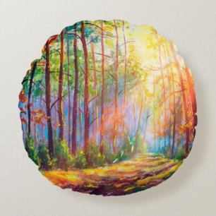 Coussins Ronds peinture à l'huile magnifique forêt en automne, p