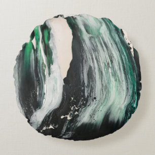 Coussins Ronds Peinture abstraite noire, blanche et turquoise