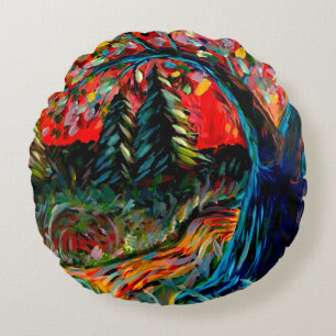 Coussins Ronds Peinture Colorée Sur Arbre Et Rivière