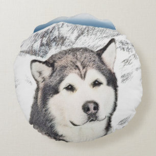 Coussins Ronds Peinture de malamut en Alaska - jolie art original