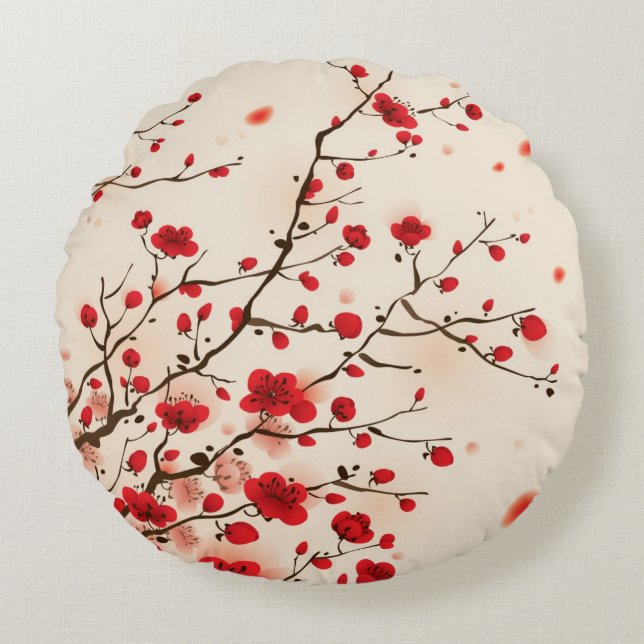 Coussins Ronds Peinture orientale de style, fleur de prune au (Devant)