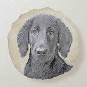 Coussins Ronds Peinture Retriever à revêtement plat - Art Chien o