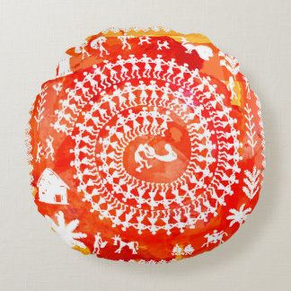 Coussins Ronds Peinture Warli - main dessinée traditionnelle l'An