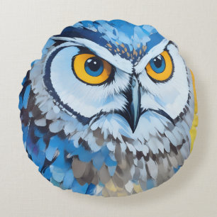 Coussins Ronds Peintures de portraits de hibou bleu