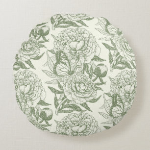 Coussins Ronds Peoné et papillons bloc impression, sauge vert et