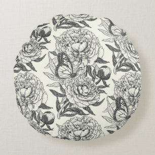 Coussins Ronds Peonies et papillons bloquent l'impression, noir e