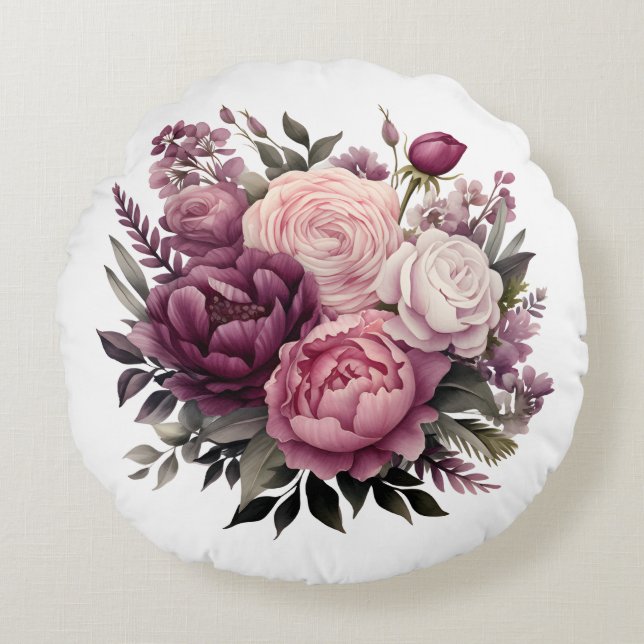 Coussins Ronds Peonies Roses rose blanc violet Floral Flower (Devant)