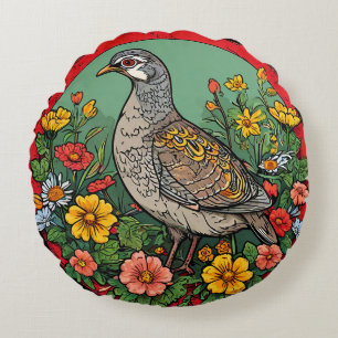 Coussins Ronds Perdrix grise colorée Artistique Faune Oiseau