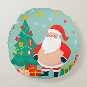 Coussins Ronds Père Noël avec sapin de Noël et cadeaux
