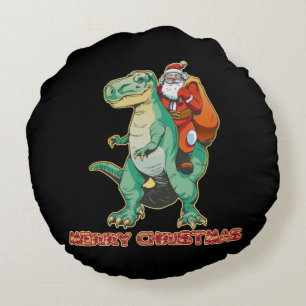 Coussins Ronds Père Noël chevauchant un dinosaure, Trex Santa, Di
