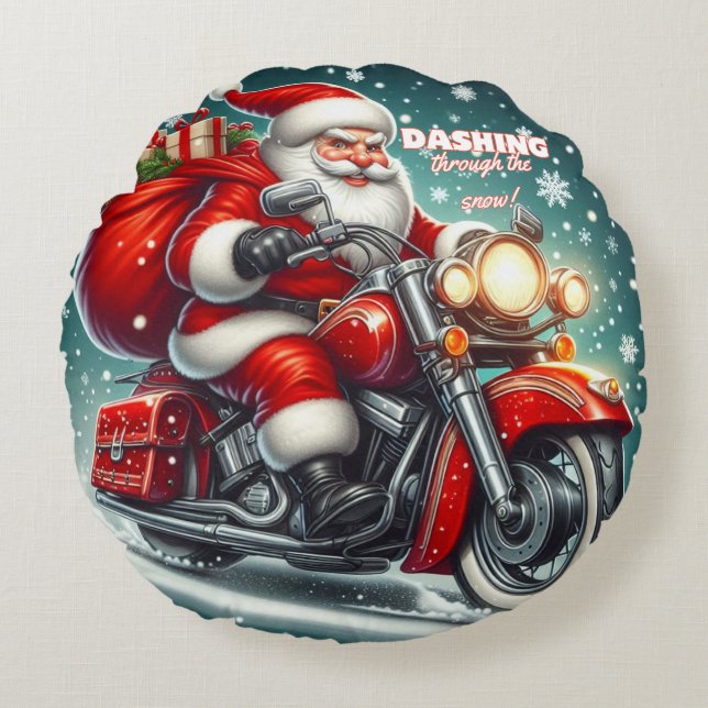 Coussins Ronds Père Noël en moto (Devant)
