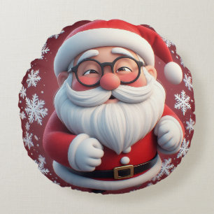 Coussins Ronds Père Noël joyeux entouré de flocons de neige